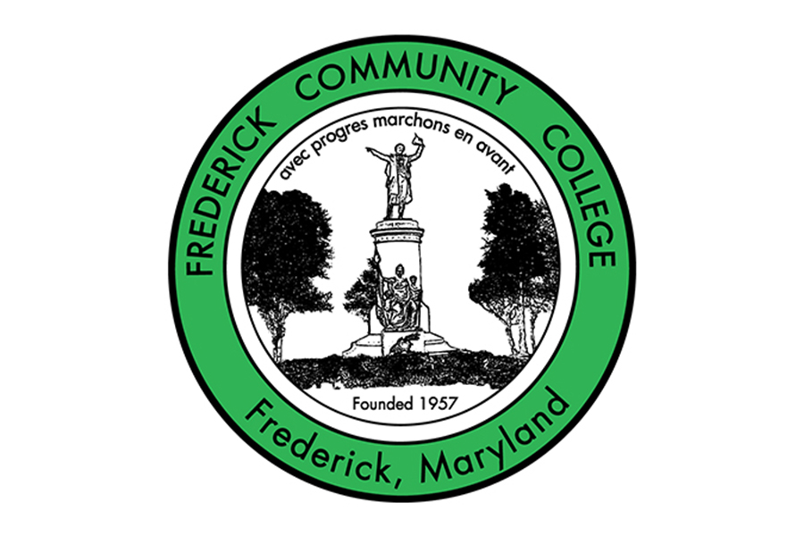 A circular green and white seal for Frederick Community College. The outer green border contains the college name and Frederick, Maryland in black text. The white center features an illustration of a monument and the French motto avec progres marchons en avant.