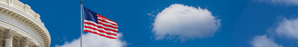 Panoramic view of the U.S. Capitol building and surrounding grounds in Washington, D.C., seen across the water at dusk.
